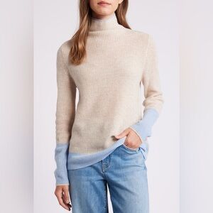 Griffen Cashmere Funnel Neck Wool Cashmere Rib Sweater Oatmeal Blue Sz XL